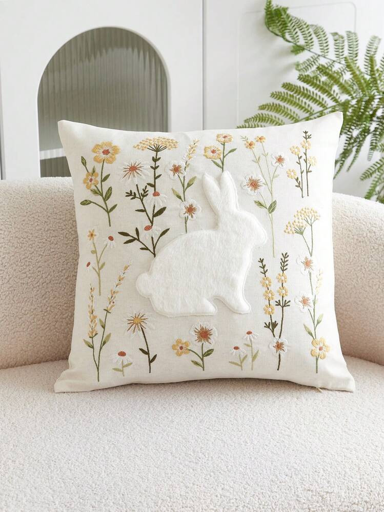 1pc Easter Floral Rabbit Embroidered Throw Pillow Case, Suitable For Indoor Decoration, Easter De... | SHEIN