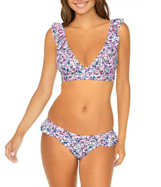 Raisins Corsica Cove Cannes Ruffle V-Neck Bralette Swim Top & Ruffle Side Low Waist Hipster Swim ... | Dillard's