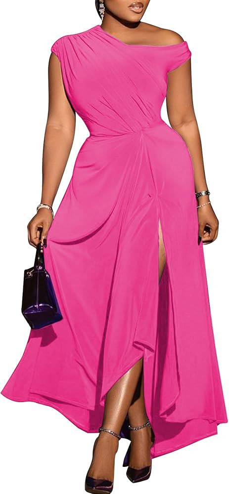 Ecirod Women Elegant Sleeveless One Shoulder Bodycon Maxi Dress High Split Ruched Waist Elegant F... | Amazon (US)