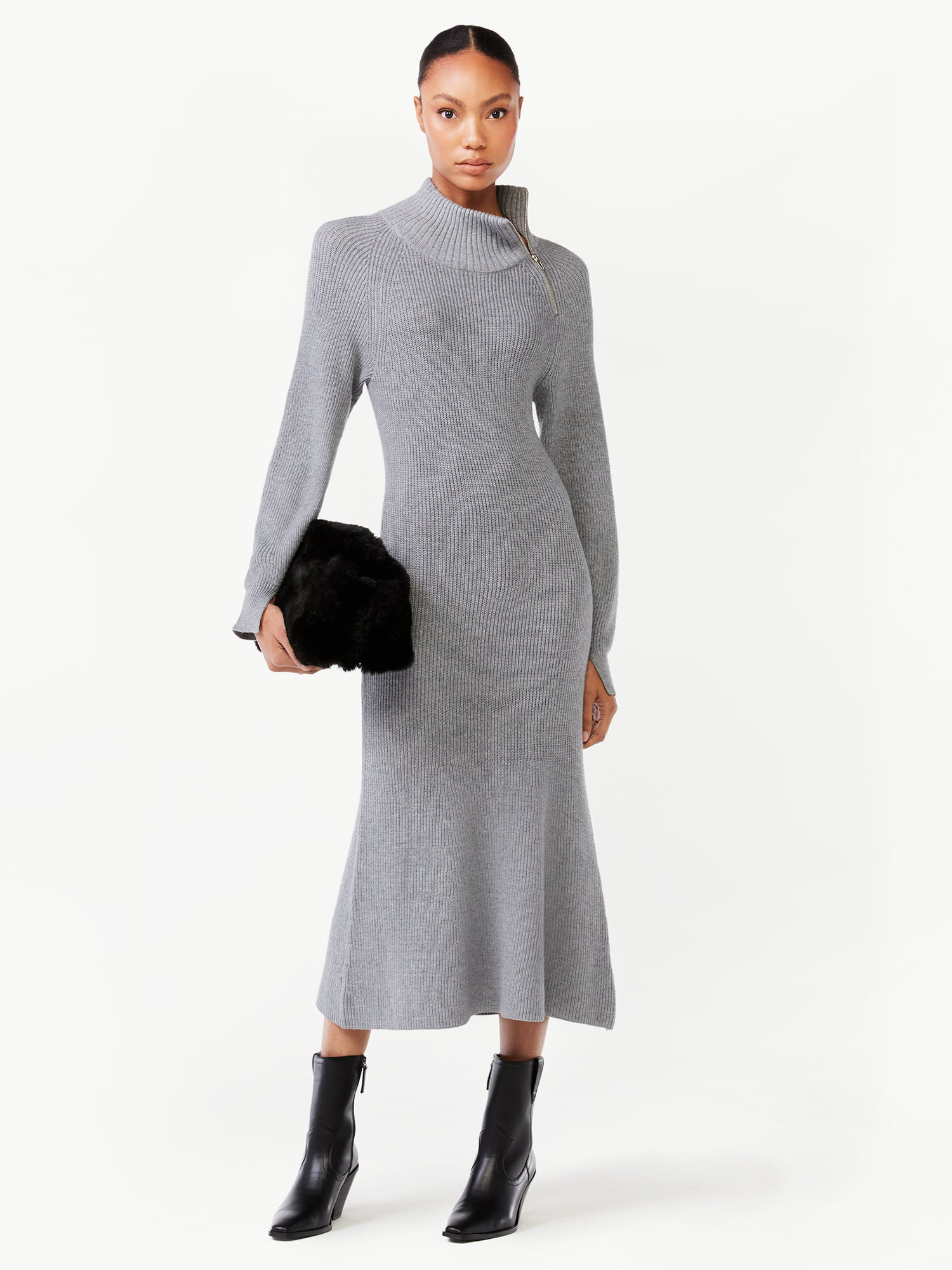 Scoop Women's Ribbed Sweater Dress with Zip Turtleneck - Walmart.com | Walmart (US)