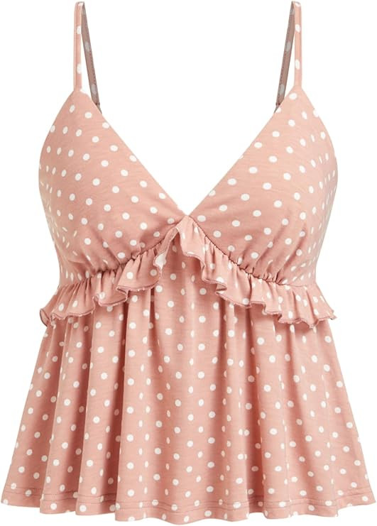 CIDER Polka Dot Babydoll Tops for Women Cute V Neck Sleeveless Flowy Tops | Ruffle Crop Tank Top,... | Amazon (US)