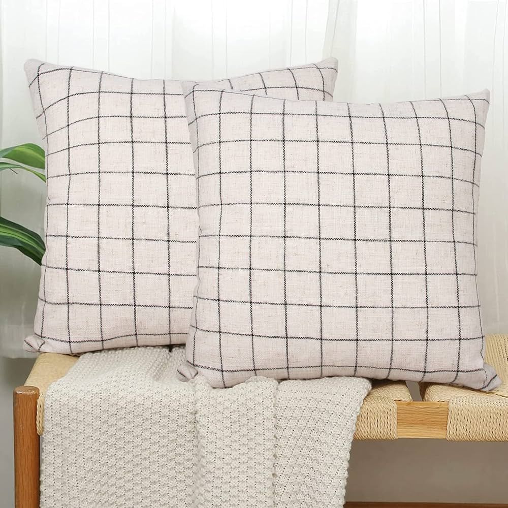 Basic Model Set of 2 Plaid Throw Pillow Covers Striped Square Linen Pillowcases Decorative Cushion C | Amazon (US)