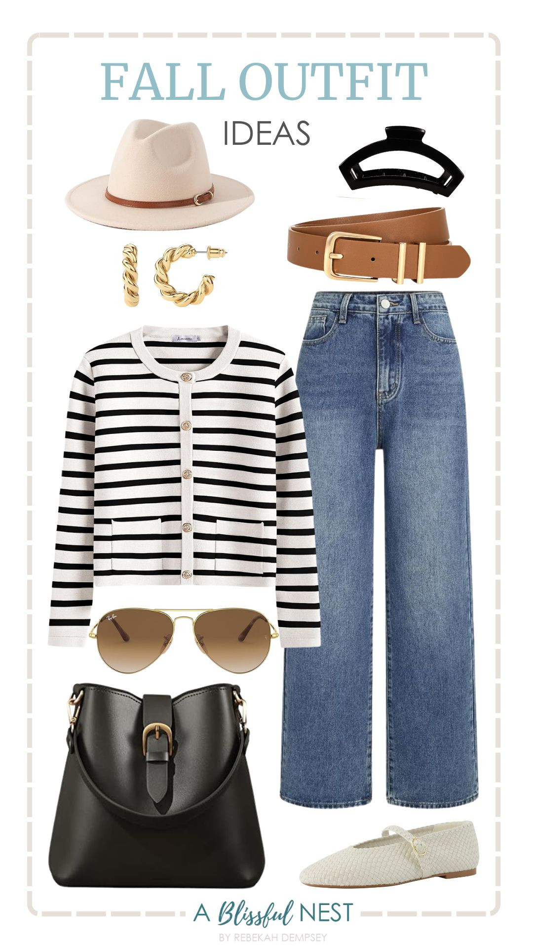 Effortless fall style starts with these must have pieces. Get the look.

classic felt fedora wide brim hat, gold plated twisted rope earrings, Mary Jane flat, hair clip, leather adjustable belt, wide leg jeans, Aviator sunglasses, striped cardigan sweaters, black bucket bag  

 #LTKootd #LTKSeasonal #LTKMidsize