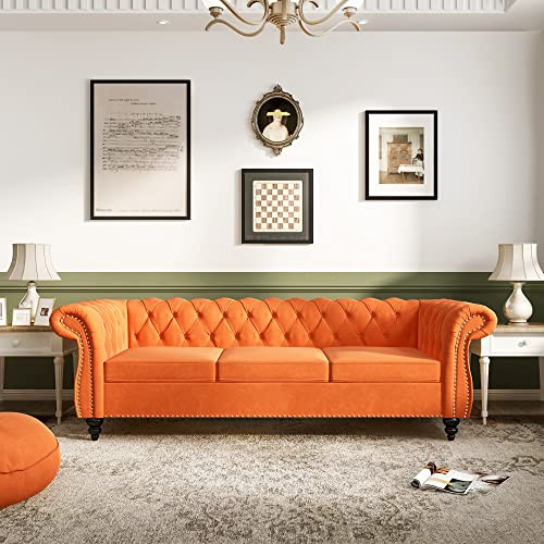 Chesterfield Sofa Velvet, Modern Tufted Couch 3 Seater with Rolled Arms and Nailhead for Living Room, Bedroom, Office, Apartment (Orange) | Amazon (US)