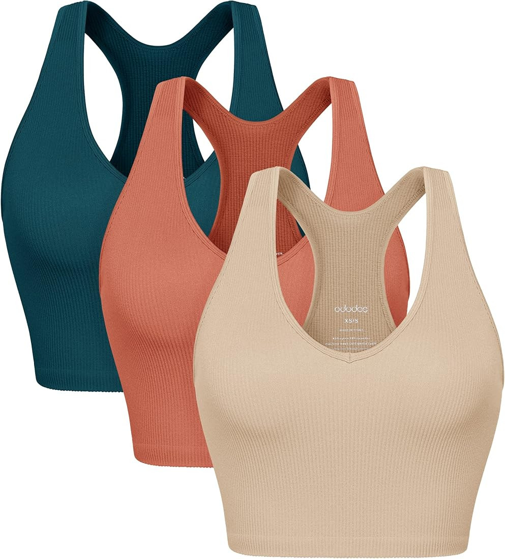 ODODOS Women's Crop 3-Pack Seamless Racerback Tank Top Ribbed Knit Sleeveless Cropped Tops | Amazon (US)