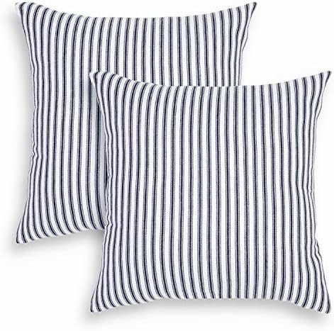 Navy Blue and White Ticking Stripe Woven Cotton Decorative Square Throw Pillow Case Covers 18 x 1... | Amazon (US)