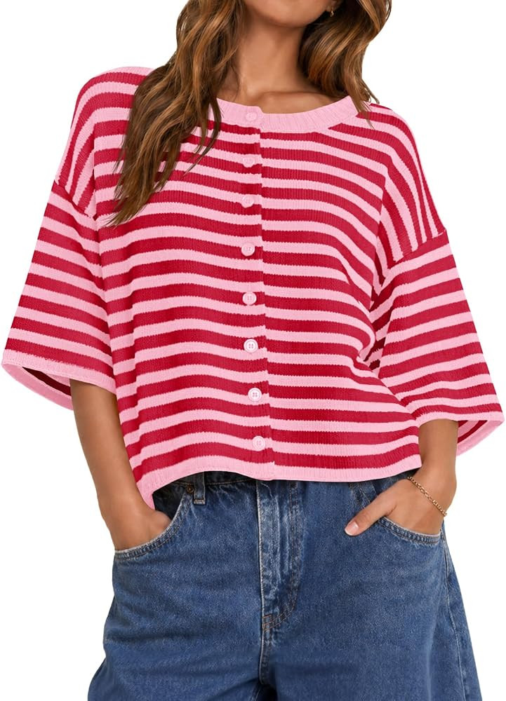 Saodimallsu Womens Short Sleeve Cardigan Cropped Striped Button Down Oversized Lightweight Knit S... | Amazon (US)