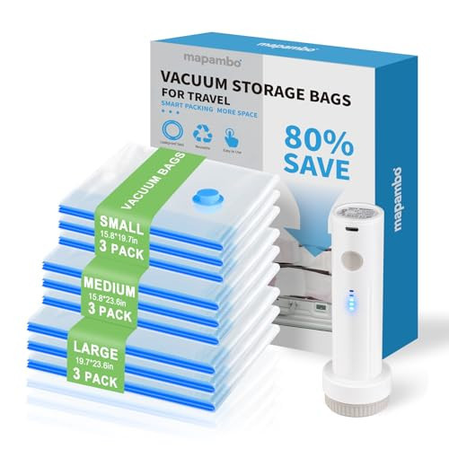 Mapambo Travel Vacuum Bags with -4000Pa Electric pump, 9 Pack Vacuum Seal Bags for Clothing Travel in 3 Combo sizes, Space Saver Vacuum Storage Bags, Saving up to 80% of Space (9 Combo Pack) | Amazon (US)