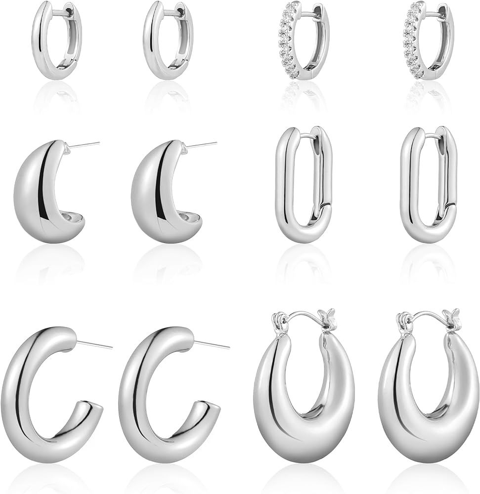 Wgoud 6 Pairs Gold Hoop Earrings Set for Women, 14K Gold Plated Hypoallergenic Lightweight Chunky... | Amazon (US)