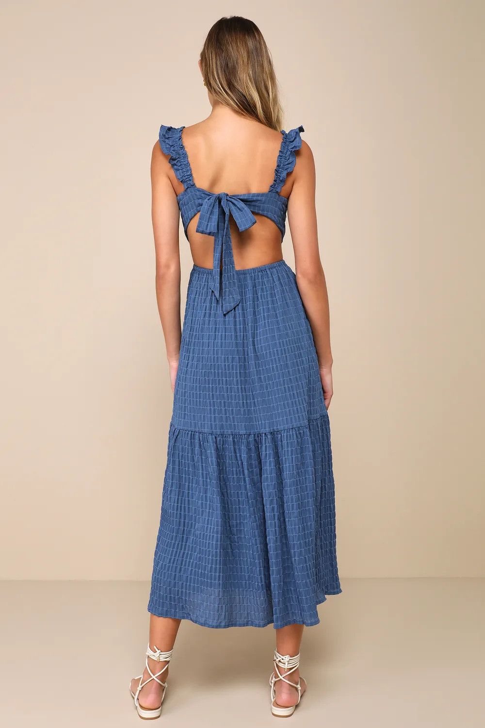 Dreamiest Darling Blue Smocked Tie-Back Tiered Midi Dress | Lulus