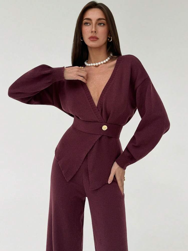 Aloruh Conjunto De Dos Piezas De Mujer Con Cárdigan De Cuello En V Cómodo Con Cintura Ceñida Y Pantalones De Pierna Ancha De Punto, Minimalista Para Ir Al Trabajo, Otoño/Invierno | SHEIN
