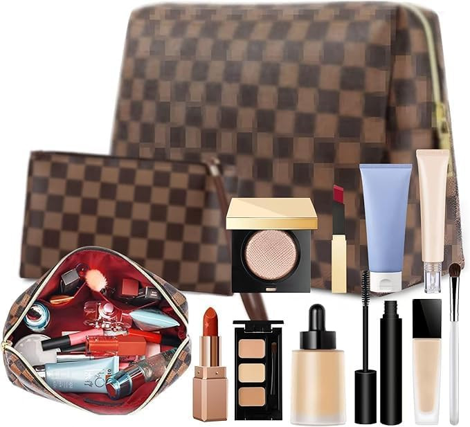 Makeup Bag, 2 Pcs Portable Leather Checkered Cosmetic Bag, Waterproof Travel Toiletry Bag for Wom... | Amazon (US)