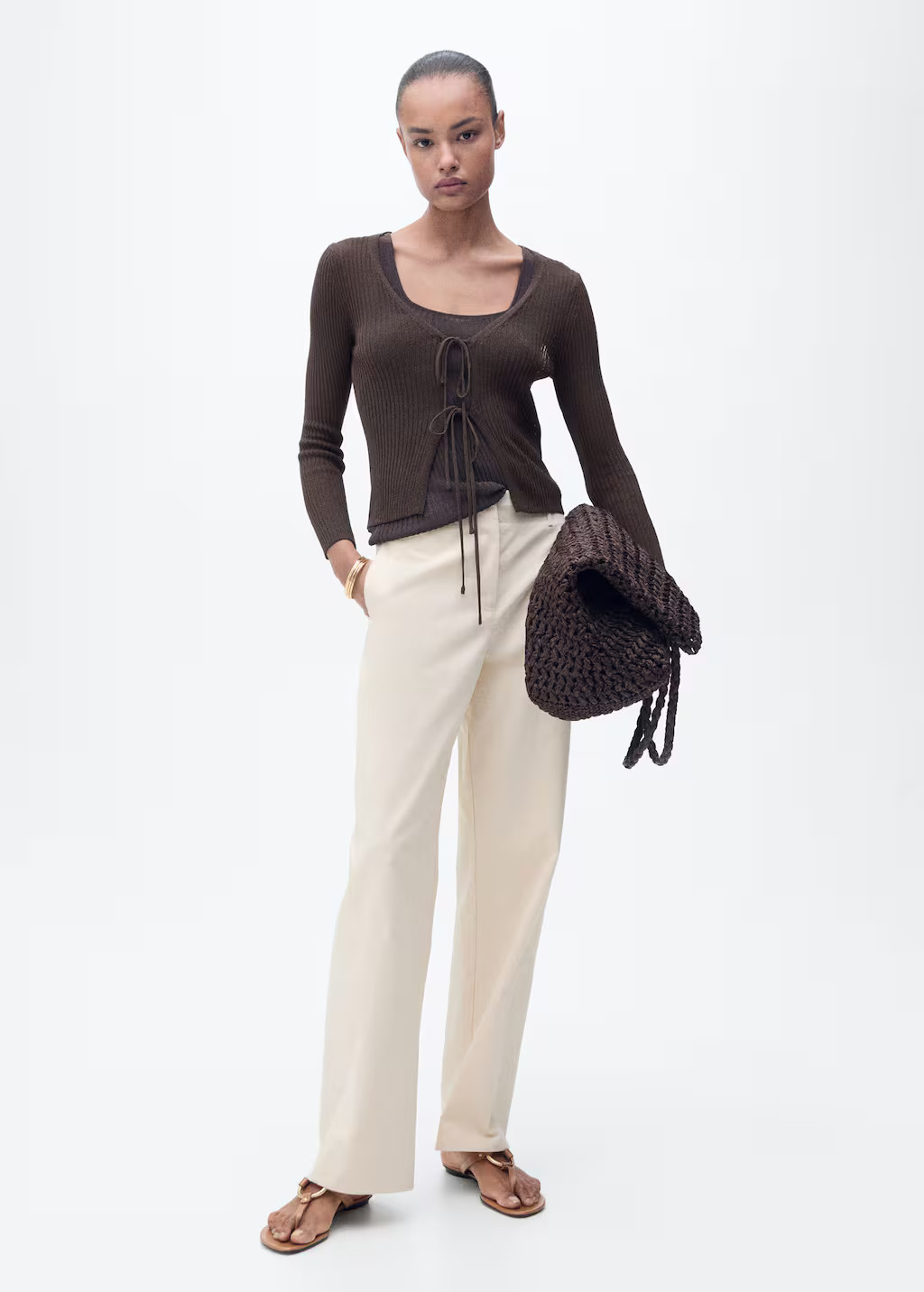 Rib-knit cardigan with bows chocolate - Women - M - MANGO | Mango (US/MX/AU)