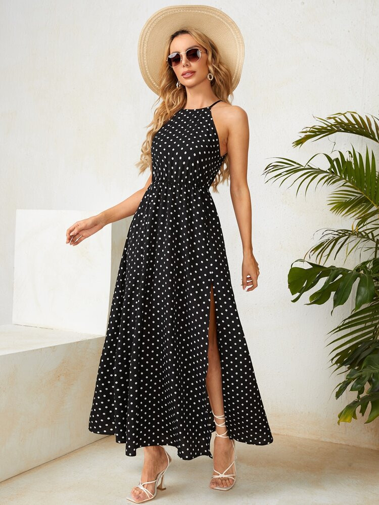 SHEIN VCAY Polka Dot Print Split Thigh Cami Dress | SHEIN