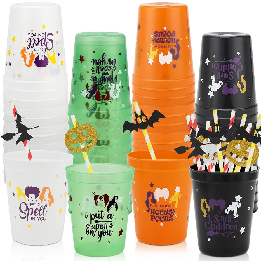 24 Pcs Halloween Plastic Stadium Cups 16oz and 24 Pcs Disposable Paper Straws, Perfect for Hocus ... | Amazon (US)