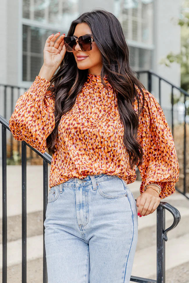 Only With You Rust Multi Printed Mock Neck Blouse | Pink Lily