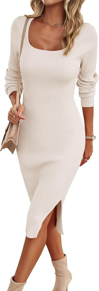 VintageClothing Women's 2023 Fall Long Sleeve Sweater Dress Square Neck Side Slit Bodycon Ribbed ... | Amazon (US)
