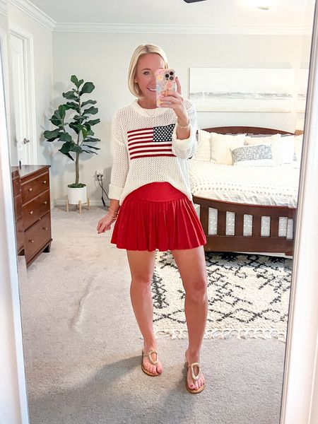 • flag sweater - wearing a small, but could have sized up for an oversized look.
• pleated tennis skirt - size small.
• sandals - tts  

#LTKStyleTip #LTKSeasonal #LTKFindsUnder50