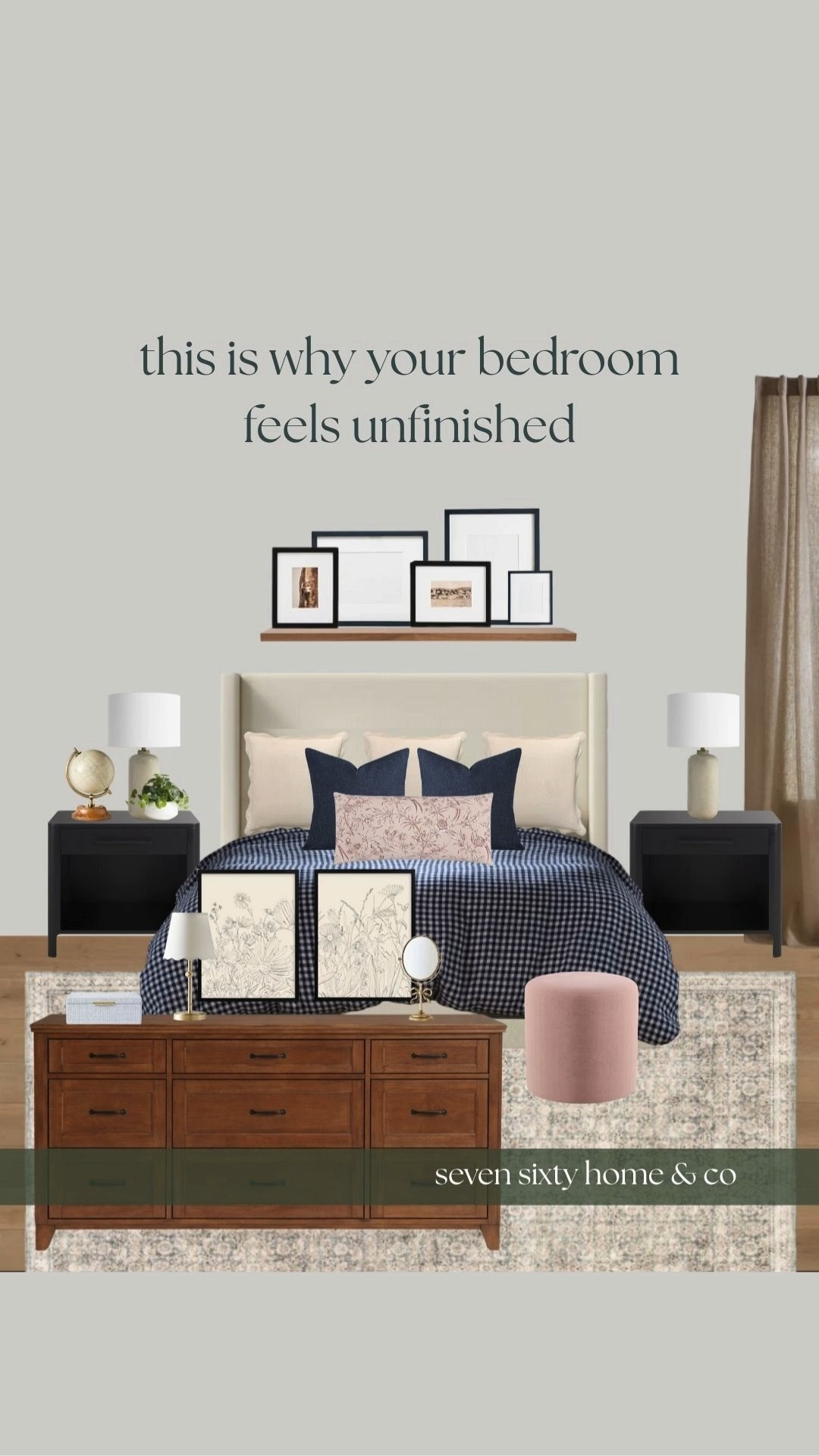 If your bedroom feels unfinished, the problem is usually the bed, not the decor.

This king upholstered bed creates the visual anchor the room was missing, while dark nightstands add contrast and ground the layout so the bed doesn’t feel like it’s floating. Properly scaled wall art draws the eye upward, making the ceiling feel taller and the room more intentional.

Layered bedding does the heavy lifting here. Quince gingham bedding adds pattern without overpowering the space, velvet throw pillows introduce depth and softness, and an 8x10 jute-blend rug grounds the entire layout under the bed.

Floor-length linen curtains soften the edges of the room and add vertical balance, which is key in bedrooms that feel flat or incomplete.

Every piece in this room was chosen to solve the same problem and work together visually.
Everything shown is linked on LTK. 

 #LTKHome #LTKFindsUnder100