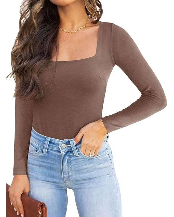 REORIA Womens Basic Sexy Square Neck Double Lined Long Sleeve Bodysuit Tops Jumpsuits | Amazon (US)