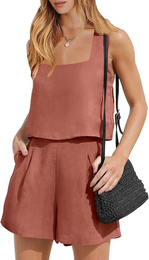 ANRABESS Women Linen 2 Two Piece Outfits Crop Shorts Set 2024 Summer Vacation Beach Clothes Loung... | Amazon (US)
