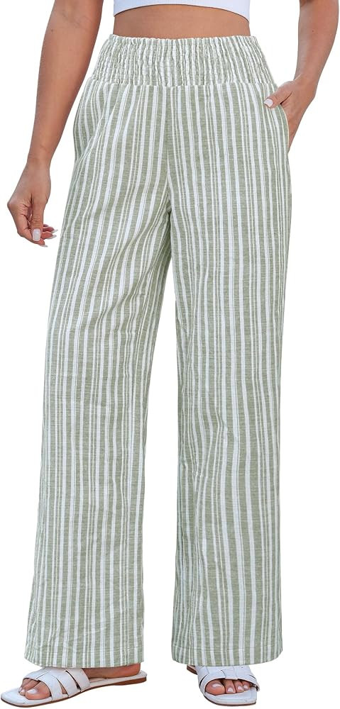 GRAPENT Linen Pants for Women Wide Leg Trendy Pull On High Rise Striped Elastic Smock Waist Beach... | Amazon (US)