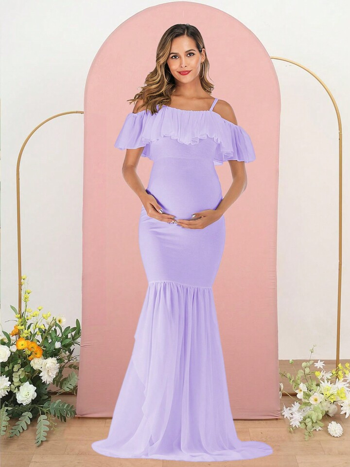 Maternity Lace Trim Short Sleeve Long Gown For Photography | SHEIN