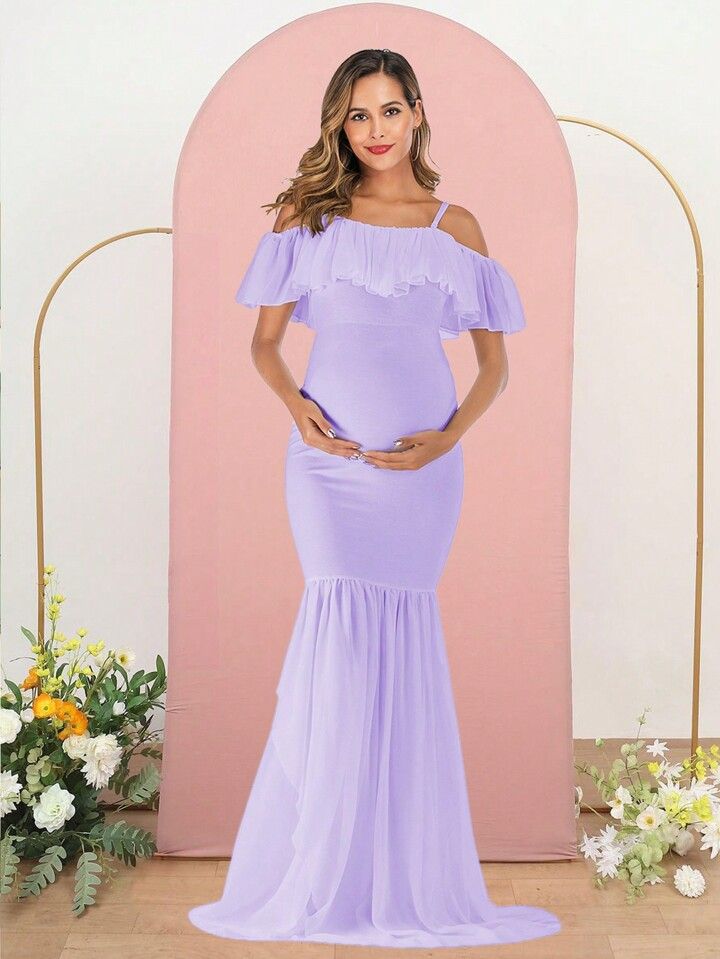 Maternity Lace Trim Short Sleeve Long Gown For Photography | SHEIN