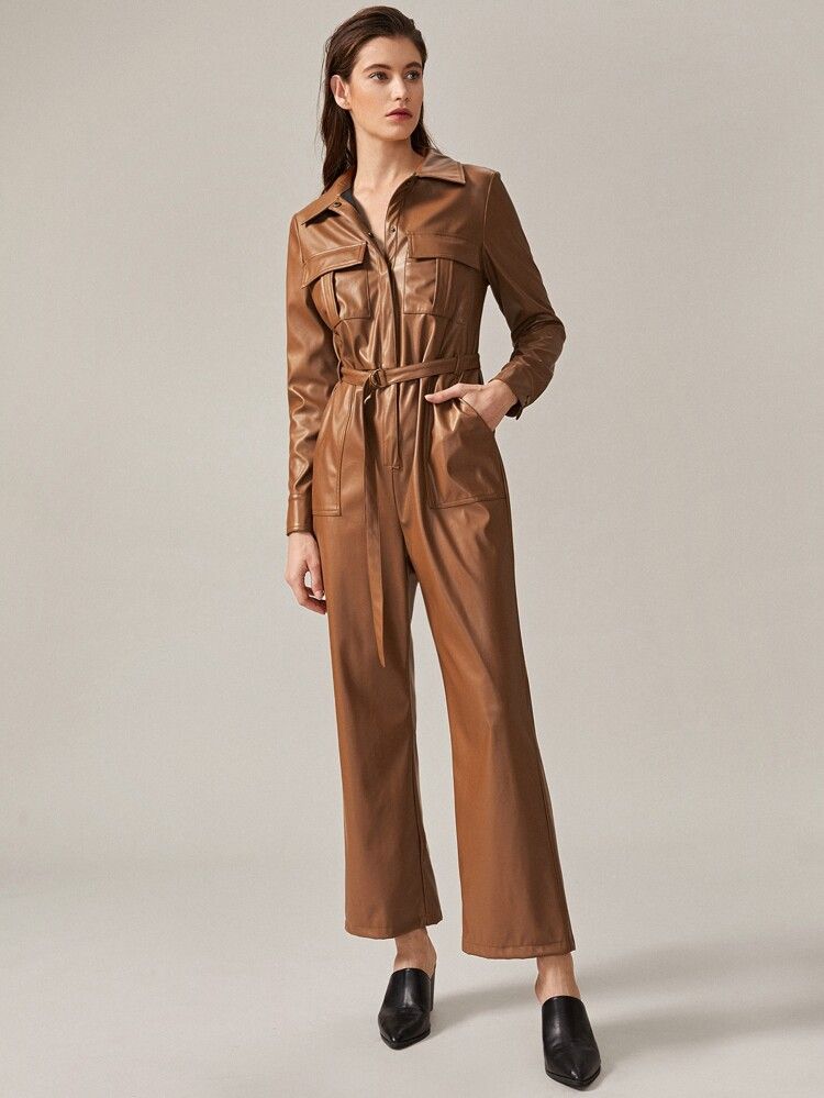 Premium Press Buttoned Flap Pocket Belted PU Leather Jumpsuit | SHEIN