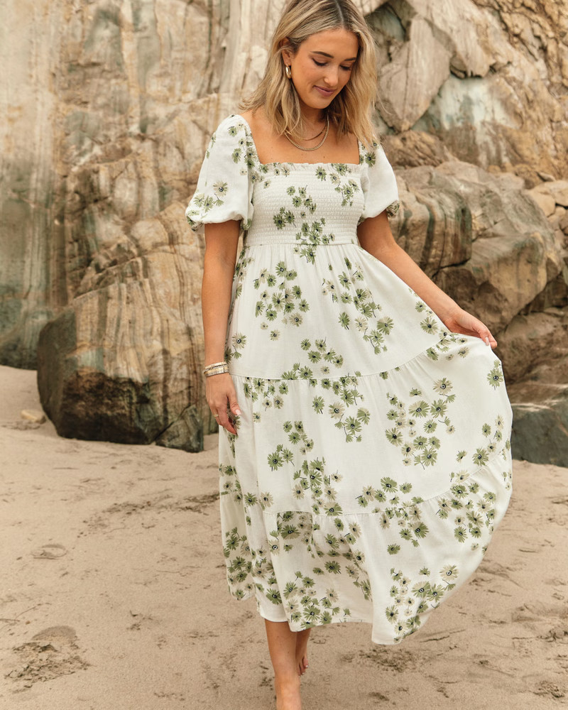 Women's Flowy Linen-Blend Midi Dress | Women's New Arrivals | Abercrombie.com | Abercrombie & Fitch (US)