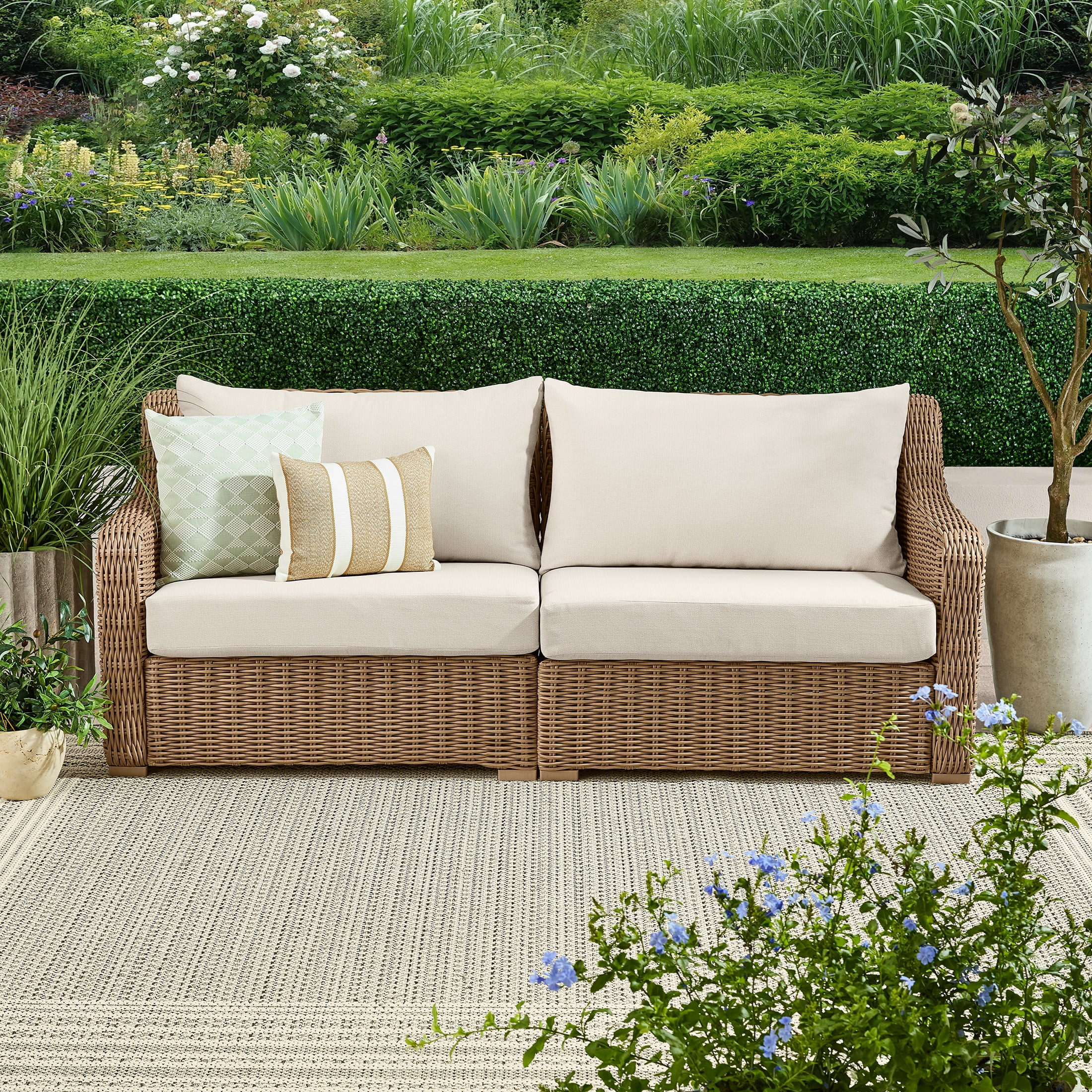 Better Homes & Gardens Bellamy Outdoor 1pc Sofa, Tan Wicker/Cream Cushion | Walmart (US)