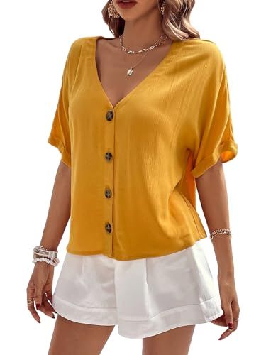 Floerns Women's Casual Solid Button Front V Neck Flare Short Sleeve Blouse Top | Amazon (US)