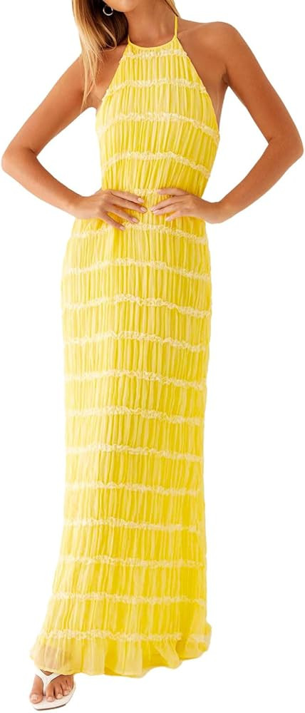 Women Backless Dress Sleeveless Textured Halter Open Back Maxi Dresses Vacation Wedding Guest | Amazon (US)