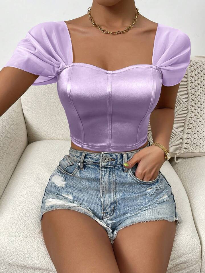 SHEIN BAE Sweetheart Neck Puff Sleeve Crop Satin Top | SHEIN