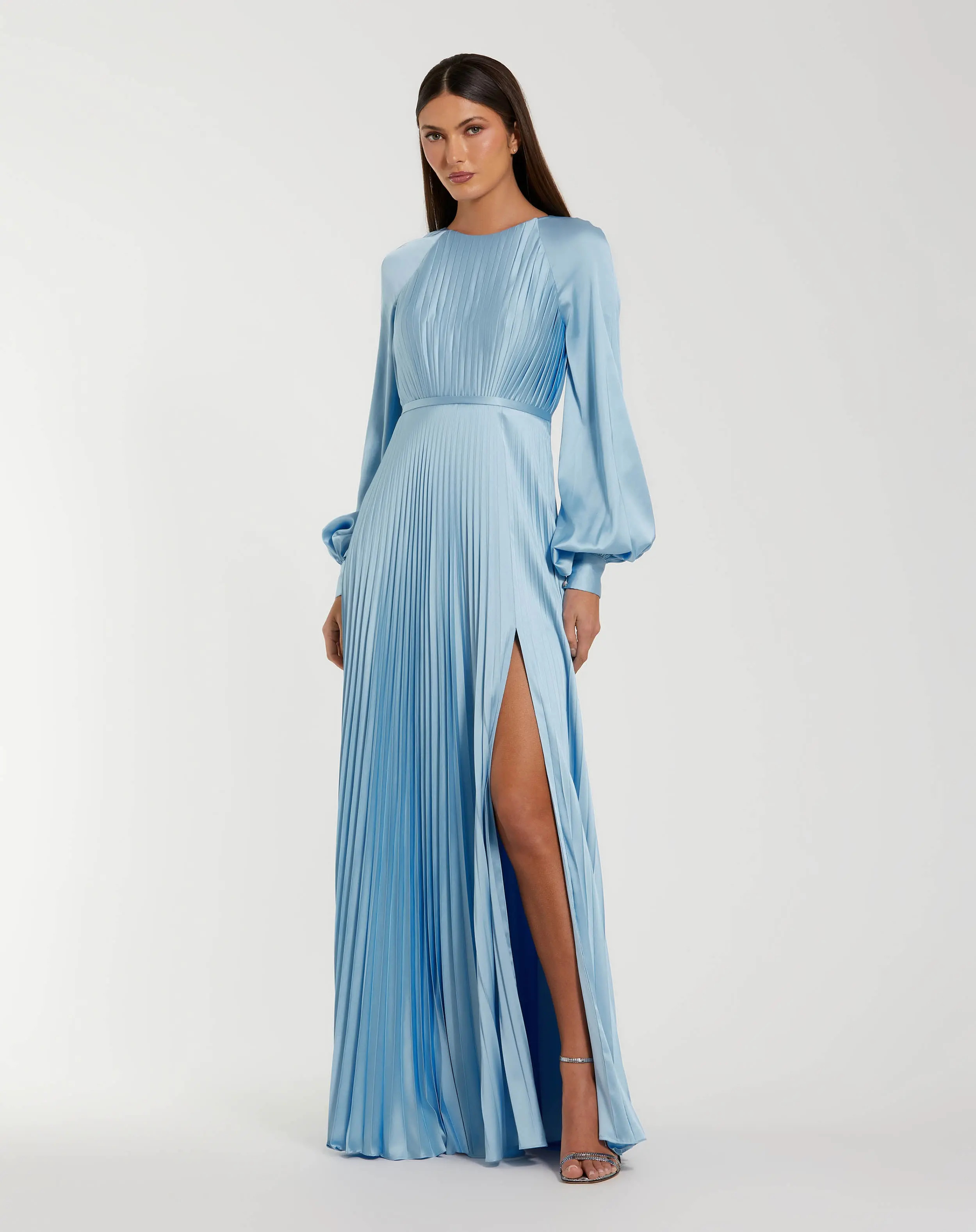 Ieena for Mac Duggal - Blue Pleated High Neck Raglan Long Sleeve Side Slit Gown - US 12 | Mac Duggal