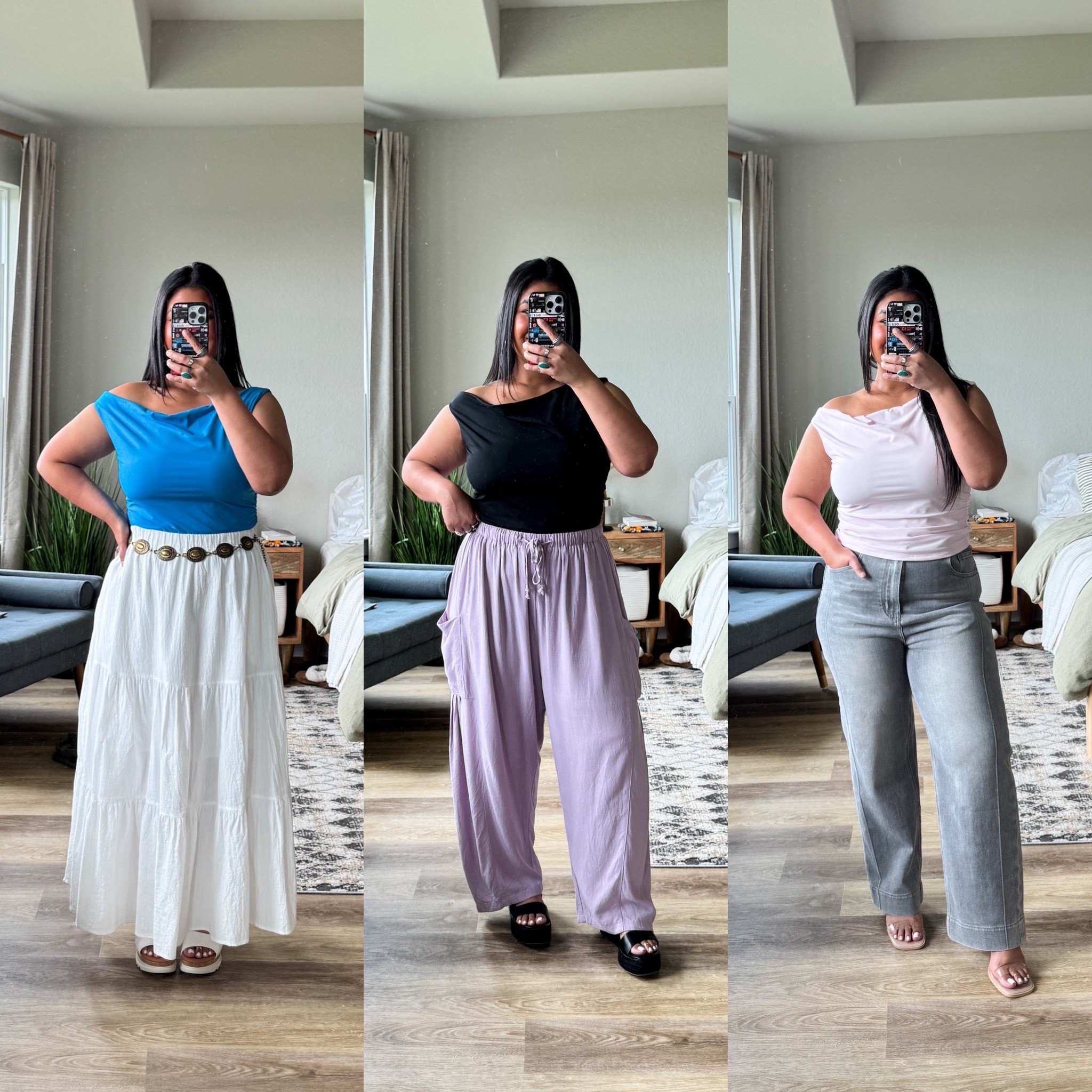 Same Amazon top in different colors styled 3 different ways. This top is very stretchy, double lined, and has the cutest off the shoulder detail. Wearing my true size L. // WHITE SKIRT: sized up to an XL // PURPLE PANTS: large // GREY JEANS: size 12, super stretchy and high waisted

#LTKMidsize #LTKSaleAlert #LTKOver40