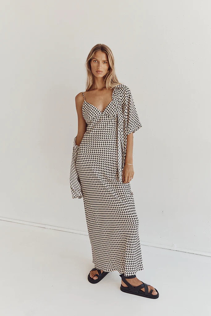 MAE BLACK BEIGE VISCOSE MIDI DRESS | DISSH