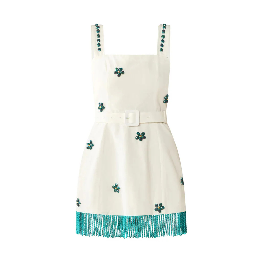 Sarah Bird Mini Dress in White with Painted Beads | Over The Moon