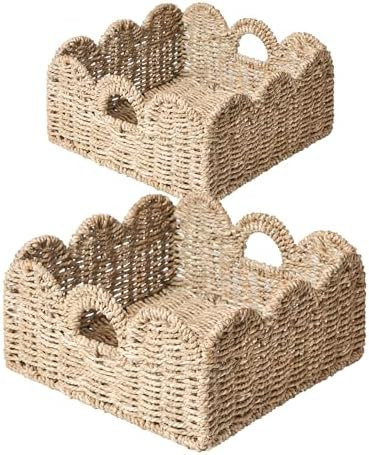 Scalloped Basket 2 Pack Wicker & Rattan Storage with Built-in Handles, Decorative Woven Seagrass ... | Amazon (US)