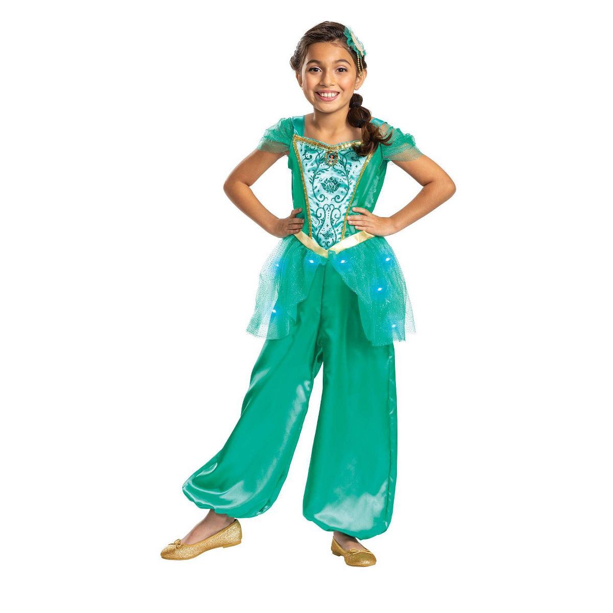 Kids' Disney Princess Jasmine Deluxe Light Up Halloween Costume Jumpsuit with Headpiece | Target
