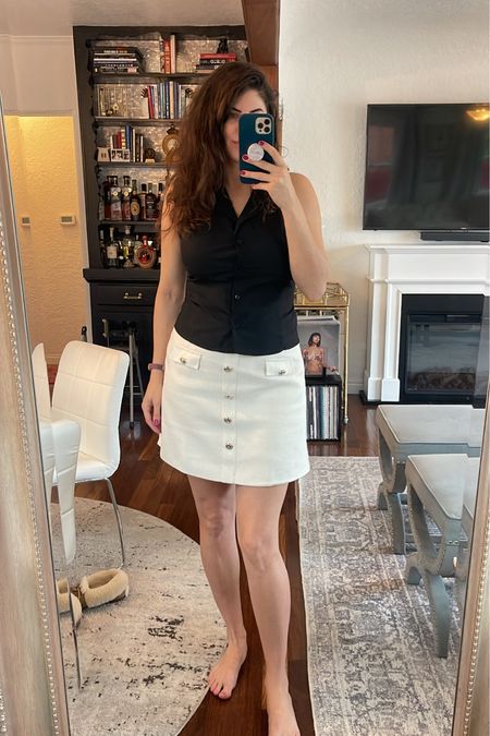 Fall outfit ideas 
Fall fashion. 
Casual weekend outfit for wear to work look.
Black vest 
White mini skirt 


#LTKSale #LTKworkwear #LTKunder50