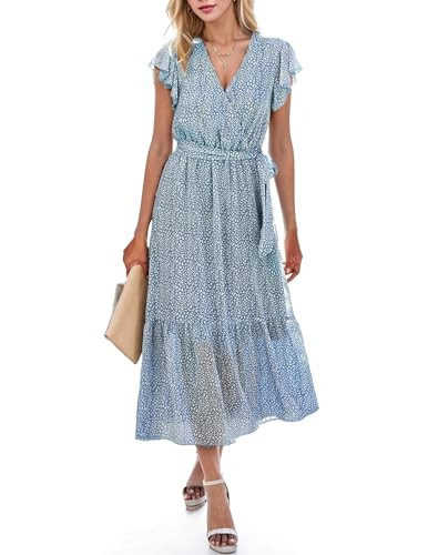 Cnlinkco Womens Summer Dresses Bohemian Wrap Floral Boho Dress Cap Sleeve A Line Wedding Guest Dress Blue Floral L | Amazon (US)