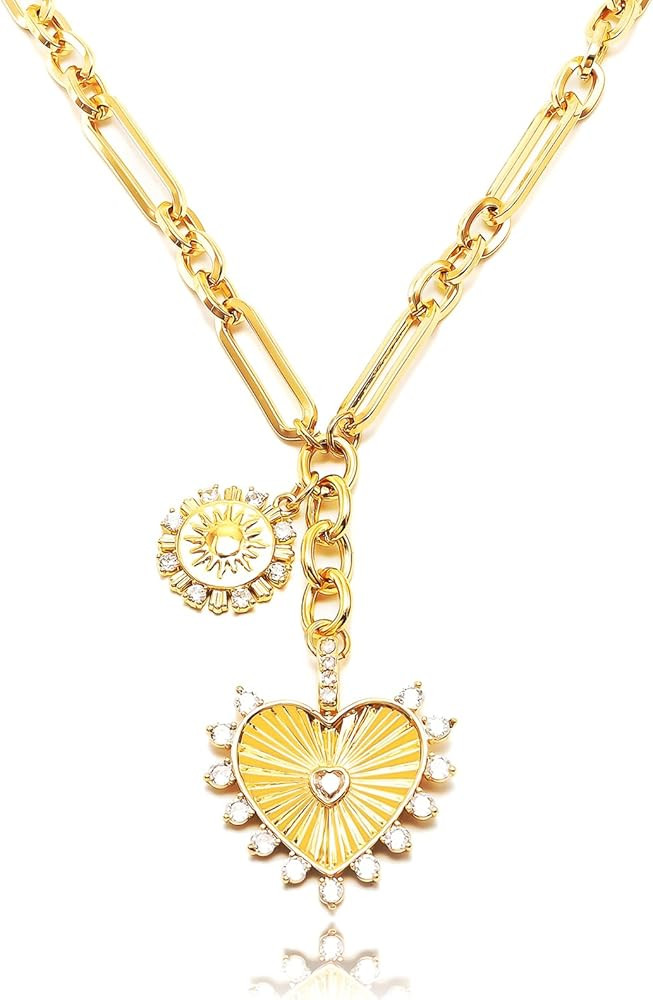 Sun Heart Necklace for Women 18K Gold Plated Heart Pendent Necklace Chunky Chain Choker Necklace ... | Amazon (US)