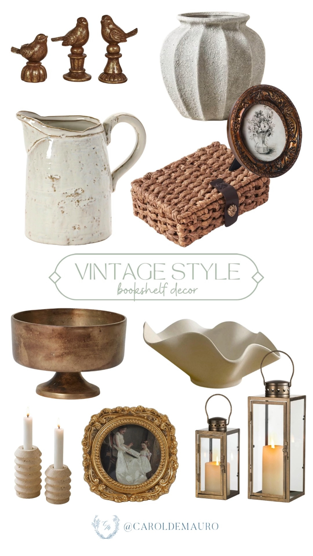 vintage style, bookshelf decor, styling inspo, neutral home finds, decorative bowl, ornate picture frames, flower vase, candle holders, ceramic pitcher, woven trinket box

#LTKHome