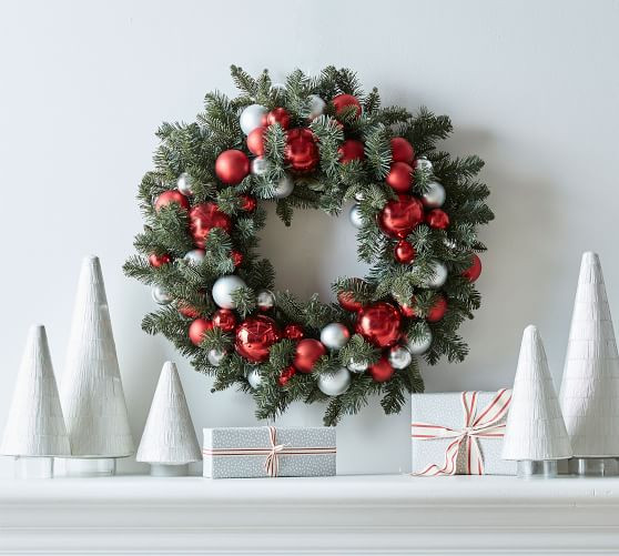 Faux Pine Ornament Wreath & Garland - Red & Silver | Pottery Barn (US)