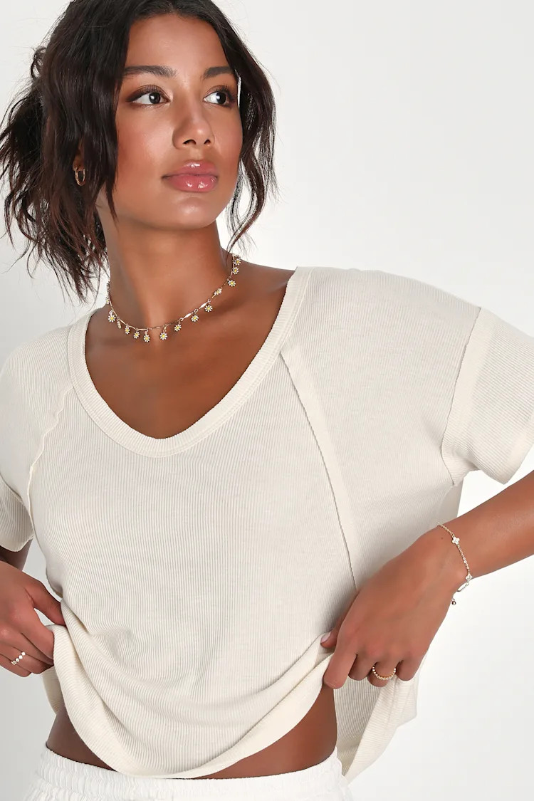 Daily Outing Cream Ribbed Short Sleeve Tee | Lulus