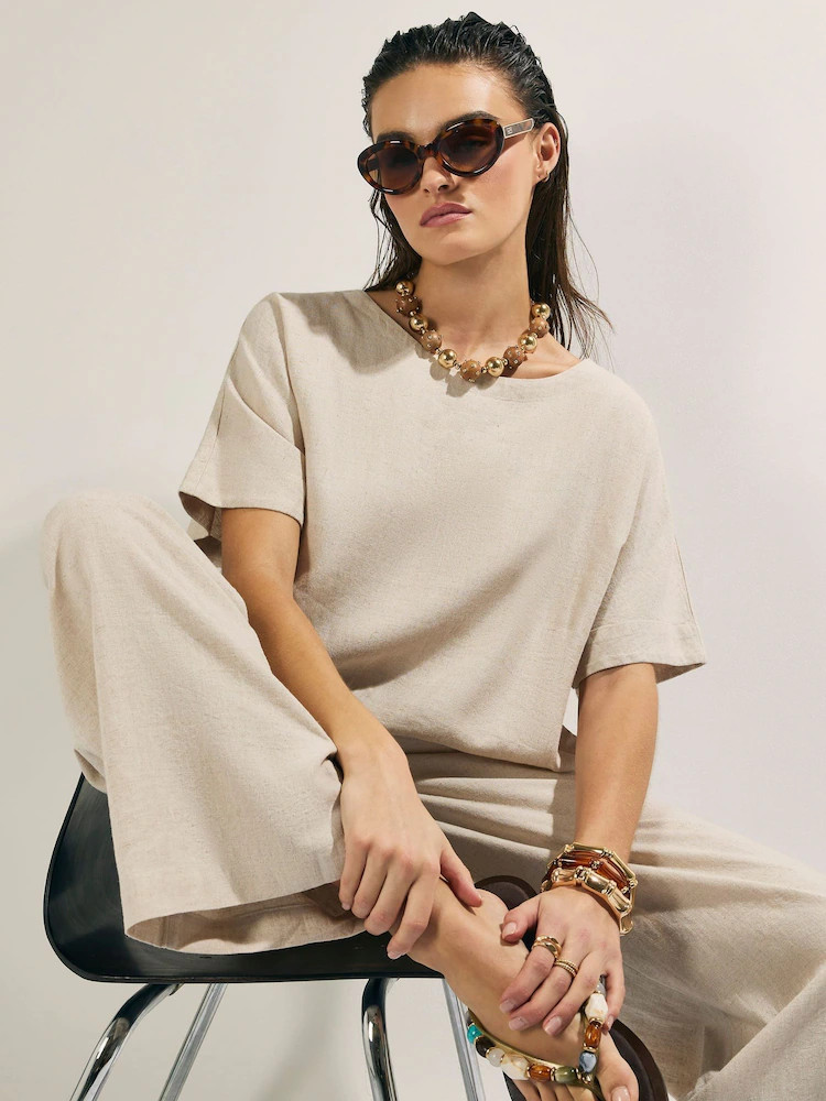 Buy River Island Beige Short Sleeve Linen Blend T-Shirt from Next Belgium | Next EU