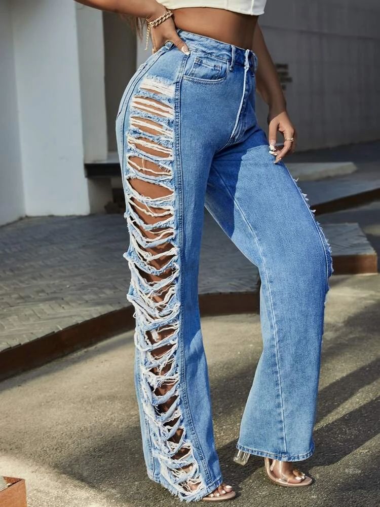 SHEIN SXY Laddering Ripped Side Jeans | SHEIN