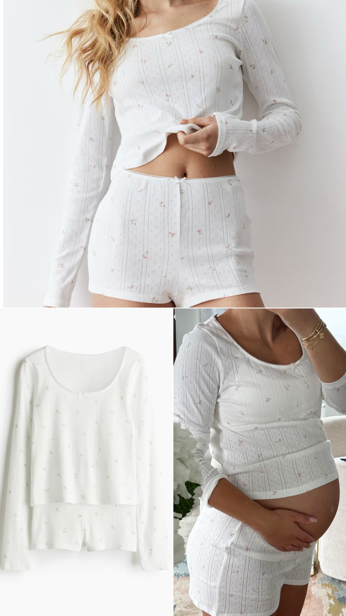 Trying on some bits I got from H&M 👀
These pyjamas are super cute and comfy but I’m not sure if I should keep them or not… They were a bargain – from £19.99 to £7! What do you think? Keep or return? 🤍👶🏽

POINTELLE PYJAMAS 