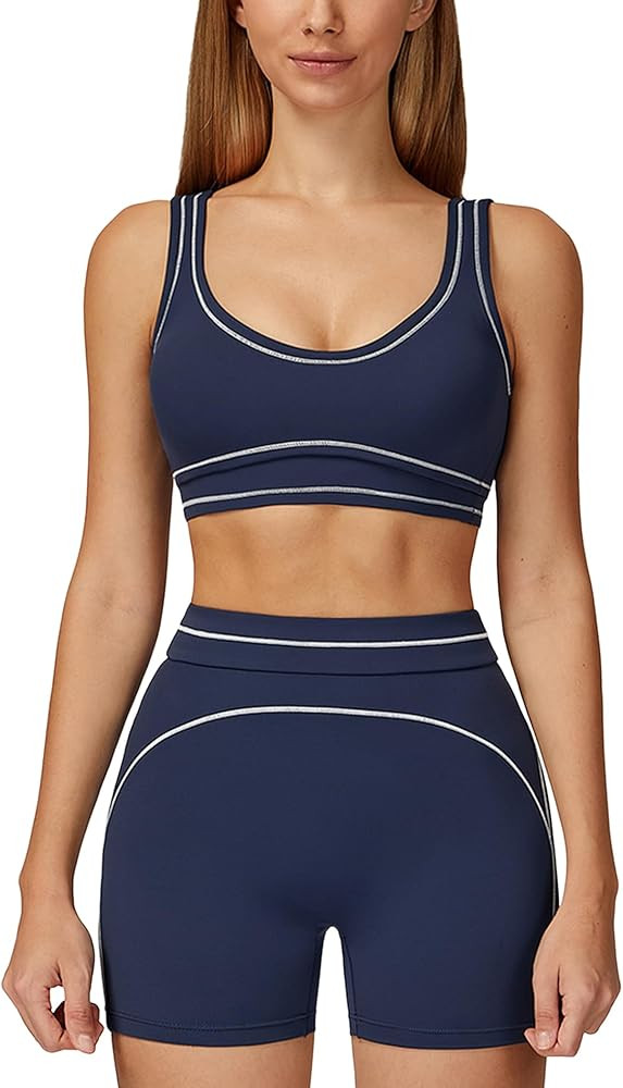 ABOCIW Womens Workout Sets Contrast Trim Sports Bra Matching High Waist Shorts 2 Piece Gym Yoga P... | Amazon (US)